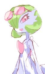  1girl bob_cut clothed_pokemon colored_skin dress gardevoir green_hair hair_over_one_eye looking_at_viewer pink_eyes pokemon pokemon_(creature) raine_(acke2445) simple_background smile tinted_eyewear white_background white_dress white_skin 