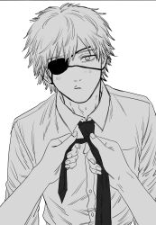  1boy 1other absurdres blush buttons chainsaw_man closed_mouth denji_(chainsaw_man) dress_shirt eyepatch fingernails greyscale highres looking_at_viewer male_focus mekill215280 monochrome necktie pov pov_hands shirt short_hair simple_background solo solo_focus straight-on tying_necktie upper_body white_background 