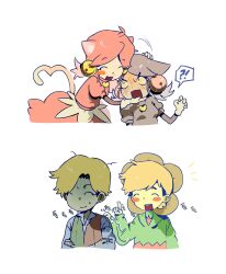  !? 1boy 1olo235 2girls animal_ears bell blonde_hair blush blush_stickers cat_ears cat_girl cat_tail closed_eyes collared_shirt commentary deltarune dress english_commentary fang fangs flower_costume flowery_(deltarune) ghost_pink_(deltarune) green_hoodie green_vest grey_dress grey_hair hair_bell hair_ornament heart heart_tail highres hood hoodie korean_text mad_mew_mew multiple_girls orange_vest pink_dress pink_hair prototype_design shirt skin_fang skin_fangs sweat tail translation_request two-tone_vest utdr_(toby_fox) vest white_shirt 