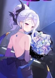  1girl absurdres back bare_shoulders blue_archive bouquet closed_mouth demon_horns demon_wings dress earrings elbow_gloves gloves halo high_ponytail highres hina_(blue_archive) hina_(dress)_(blue_archive) holding holding_bouquet horns jewelry looking_back low_wing mechanical_halo necklace official_alternate_costume official_alternate_hairstyle pearl_necklace pendant ponytail purple_dress purple_gloves qianhai_chu_ui single_sidelock smile solo strapless strapless_dress violet_eyes white_hair wings 