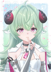  1girl :3 absurdres ahoge animal_ears black_choker character_name choker closed_mouth commentary_request curled_horns dress finger_to_mouth goat_ears goat_girl green_hair highres horns iroi_(nte) jacket looking_at_viewer neverness_to_everness nmnmpngr smile solo violet_eyes white_dress white_jacket 