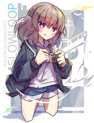  1girl black_jacket blue_shorts blush border bright_pupils brown_hair camera closed_mouth commentary_request copyright_name cropped_legs fang fang_out grey_background highres holding holding_camera hood hood_down hoodie jacket long_sleeves looking_at_viewer medium_hair open_clothes open_jacket outside_border shorts skin_fang slow_loop solo tetenka violet_eyes white_border white_hoodie white_pupils yoshinaga_koi 