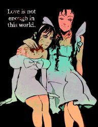  2girls alien_stage black_hair blood blood_on_neck closed_eyes dress earrings elbow_gloves gloves hair_between_eyes headband hia_(alien_stage) highres jewelry long_hair multiple_girls off-shoulder_dress off_shoulder scar scar_across_eye scar_on_face short_hair siblings sisters smile sphere_earrings sua_(alien_stage) suasoldersister violet_eyes white_dress white_gloves white_headband 