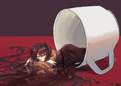  1girl absurdres animal_ears brown_hair coffee commentary_request cup dog_ears dog_girl heterochromia highres in_container in_cup inui_toko inui_toko_(stage_dress) looking_at_viewer lying maaka_4441 mini_person minigirl nijisanji on_side reflection reflective_liquid solo spill virtual_youtuber 