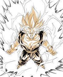  amayuki318 aura belt biceps blonde_hair boots clenched_hands dougi dragon_ball dragon_ball_z earrings electricity from_above gloves highres jewelry long_hair muscular muscular_male parted_bangs partially_colored pectorals potara_earrings screaming short_sleeves simple_background spiky_hair thick_eyebrows undershirt vegetto white_background white_boots white_gloves 