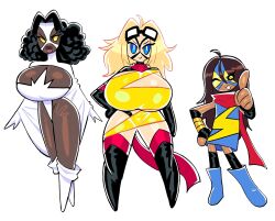  3girls alternate_breast_size_(larger) black_hair blonde_hair blue_bodysuit blue_eyes blue_mask bodysuit boots breasts brown_eyes brown_hair captain_marvel_(carol_danvers) captain_marvel_(marvel) checkered_cloak colored_skin dark-skinned_female dark_skin domino_mask eye_mask gloves highres kamala_khan long_hair looking_at_viewer marvel mask monica_rambeau multicolored_bodysuit multiple_girls red_bodysuit red_scarf sash scarf short_hair smile striped_bodysuit superhero_costume theguywhodrawsalot two-tone_bodysuit waist_sash white_bodysuit yellow_eyes 