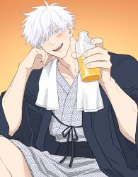 1boy blue_eyes bottle clothing_request elbow_on_leg eyelashes fingernails glass_bottle gojo_satoru hand_on_own_cheek hand_on_own_face highres holding holding_bottle japanese_clothes jujutsu_kaisen kyomi572 looking_at_viewer male_focus orange_background short_hair smile solo towel towel_around_neck wet wet_hair white_hair 