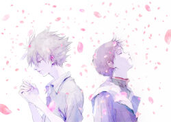  2boys absurdres back-to-back black_hair chiekooda0810 closed_eyes closed_mouth commentary_request dress_shirt falling_petals from_side grey_hair highres ikari_shinji jacket male_focus mecha_pilot_suit multiple_boys nagisa_kaworu neon_genesis_evangelion petals pink_petals plugsuit_(evangelion) school_uniform shirt short_hair tokyo-3_middle_school_uniform white_background 