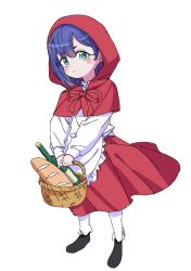  apron asymmetrical_hair basket black_shoes blush bottle bow bowtie bread capelet closed_mouth cosplay dalidari27 food frilled_apron frills full_body green_eyes haraga_kurumi highres holding holding_basket hood hood_up hooded_capelet kimi_no_koto_ga_dai_dai_dai_dai_daisuki_na_100-nin_no_kanojo little_red_riding_hood_(fairy_tale_character) little_red_riding_hood_(fairy_tale_character)_(cosplay) loaf_of_bread long_sleeves looking_at_viewer medium_hair purple_hair red_bow red_bowtie red_capelet red_skirt shirt shoes short_eyebrows simple_background skirt standing thick_eyebrows white_apron white_background white_shirt wine_bottle 