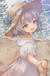  1boy 1girl :d beach blue_bow blush bow brown_hat commentary_request day dress grey_hair hat hat_bow highres holding_hands ocean open_mouth orange_eyes original outdoors pov sand short_hair short_sleeves smile straw_hat sun_hat upper_body white_dress yukinagi 