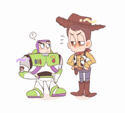 2boys animal_print belt brown_eyes brown_hair buzz_lightyear cowboy_hat hat long_sleeves male_focus multiple_boys nhbzzdy sheriff_woody shirt short_hair simple_background spacesuit toy_story white_background 