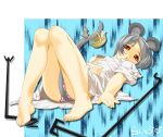 bad_id barefoot basket dress_shirt grey_hair libus lying mouse mouse_ears mouse_tail nazrin panties red_eyes shirt short_hair solo striped striped_panties tail touhou underwear 