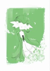  1girl :o arms_at_sides artist_name blush blush_stickers bob_cut border chromatic_aberration commentary cowboy_shot flat_chest flower gardevoir green_background green_theme hair_between_eyes highres light_blush looking_afar looking_to_the_side maeyufiore mixed-language_commentary monochrome open_mouth pokemon pokemon_(creature) romaji_commentary rose short_hair sideways_glance signature simple_background solo white_border white_flower white_rose 
