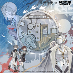  1boy 3girls absurdres atomic_heart black_coat black_dress black_gloves black_sclera black_shorts black_socks blue_background blue_eyes boots breasts brown_eyes brown_hair brown_shoes chinese_commentary cleavage_cutout closed_eyes clothing_cutout coat coat_on_shoulders colored_sclera commentary_request copyright_name copyright_notice dress feathers gloves grey_boots grey_hair grey_hat grey_sleeves hair_bun hand_on_own_head hat heterochromia highres holding holding_unworn_clothes holding_unworn_hat humanoid_robot joints key lanyard logo lucy_(reverse:1999) medium_breasts mesmer_jr. metal_hair metal_skin mismatched_sclera multiple_girls necktie official_art pocket_watch red_feathers reverse:1999 robot robot_girl robot_joints shoes short_hair shorts single_side_bun socks striped_clothes striped_necktie unworn_hat unworn_headwear vertin_(reverse:1999) walking watch white_coat x_(reverse:1999) yellow_eyes 