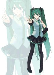  1girl 88_77k absurdres aqua_eyes aqua_hair aqua_necktie aqua_trim black_boots black_skirt black_sleeves boots breasts closed_mouth collared_shirt commentary_request detached_sleeves dot_nose full_body hair_between_eyes hair_ornament hand_on_own_hip hatsune_miku headset highres index_finger_raised long_hair looking_at_viewer necktie pleated_skirt shirt simple_background skirt sleeveless sleeveless_shirt small_breasts solo thigh_boots tie_clip twintails very_long_hair vocaloid white_background white_shirt wing_collar zoom_layer 