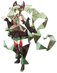  1girl absurdres aqua_eyes aqua_hair aqua_necktie black_skirt black_sleeves closed_mouth commentary_request detached_sleeves eyes_visible_through_hair full_body geometric_pattern grey_shirt hand_up harano_kaguyama hatsune_miku highres long_hair looking_at_viewer necktie number_tattoo shirt simple_background skirt sleeveless sleeveless_shirt smile solo standing tattoo twintails very_long_hair vocaloid white_background 