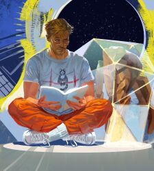  1boy absurdres astronaut beard beard_stubble blonde_hair book casual deadend7274 eridian facial_hair galaxy glasses highres holding holding_book in_orbit messy_hair project_hail_mary rocket_ship rocky_(project_hail_mary) round_eyewear ryland_grace space spacecraft stubble 