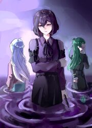  3girls akiha_school_uniform bang_dream! bang_dream!_yumemita black_dress bob_cut braid cardigan commentary dress float_gaohyu frilled_dress frills from_behind fuji_miyako fuji_miyako_(real) green_hair grey_hair hair_bun half_up_braid highres long_hair long_sleeves miyanaga_nonoka_(real) multiple_girls one_side_up partially_submerged pink_cardigan purple_hair school_uniform single_side_bun skirt standing untranslatable_commentary viola_(bang_dream!) violet_eyes water 