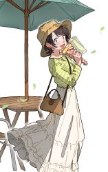  1girl :d alternate_costume arm_behind_head bag black_hair blue_eyes brown_hat bucket_hat chair commentary crepe eating falling_leaves feet_out_of_frame food food_bite food_on_face food_wrapper from_side hat highres holding holding_crepe holding_food hololive leaf light_blush long_skirt long_sleeves looking_at_viewer oozora_subaru open_mouth ripod shirt short_hair shoulder_bag simple_background skirt smile solo standing striped_clothes striped_shirt table umbrella untranslatable_commentary virtual_youtuber white_background white_skirt 