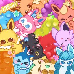  >_< :3 blue_eyes brown_eyes butapokko eevee espeon evolutionary_line fang flareon glaceon highres jolteon leafeon no_humans open_mouth pawpads pokemon pokemon_(creature) sylveon tongue tongue_out umbreon vaporeon 
