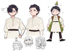  4girls ? agott_arklaum_(tongari_boushi_no_atelier) belt blush chibi chibi_inset cloak coco_(tongari_boushi_no_atelier) confused conical_hat cowboy_shot creature crossed_arms curly_hair double_bun english_text full_body furrowed_brow hair_bun hair_over_one_eye hair_slicked_back hand_on_own_hip hat highres long_hair long_sleeves multiple_girls multiple_hairstyles multiple_persona official_alternate_hairstyle pants parody purple_hair richeh_(tongari_boushi_no_atelier) shoes short_hair shy smirk sparkle sparkling_eyes tetia_(tongari_boushi_no_atelier) tongari_boushi_no_atelier tunic violet_eyes white_background white_tunic youshie 