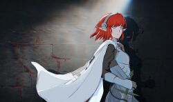  1girl absurdres aged_down armor blue_eyes cape closed_mouth commentary english_commentary expressionless highres holding holding_sword holding_weapon hulkenberg_(metaphor:_refantazio) metaphor:_refantazio pointy_ears red_hair reedis short_hair solo sword weapon white_cape 