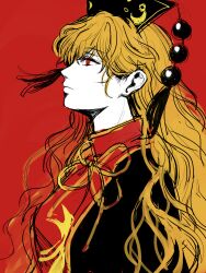  1girl black_dress black_hat blonde_hair chinese_clothes closed_mouth commentary_request crescent crescent_print dalachi_(headdress) dress hair_between_eyes hat highres junko_(touhou) junko_day kuya_(hey36253625) long_hair looking_to_the_side mandarin_collar neck_ribbon pom_pom_(clothes) red_background red_eyes red_tabard ribbon simple_background solo tabard tassel touhou upper_body wavy_hair yellow_ribbon 