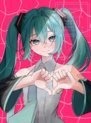  1girl aqua_eyes aqua_hair aqua_necktie aqua_trim bare_shoulders black_sleeves breasts collared_shirt commentary dated_commentary detached_sleeves dot_nose double-parted_bangs grey_shirt grin h_raj_(pixiv_93311327) hair_between_eyes hatsune_miku heart heart_hands highres light_blush long_hair long_sleeves necktie number_tattoo pink_background shirt shoulder_tattoo sleeveless sleeveless_shirt small_breasts smile solo tattoo twintails untranslatable_commentary very_long_hair vocaloid watermark wide_sleeves 