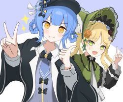  2girls bird_hat_ornament black_bow black_bowtie black_capelet black_flower black_hat black_rose blonde_hair blue_hair blue_necktie bonnet bow bow_flower bowtie braid braided_hair_rings capelet collared_shirt commentary_request deerstalker dress flower frilled_capelet frilled_dress frilled_sleeves frills green_bonnet green_eyes grey_vest hair_bow hair_flower hair_ornament hair_rings hat hat_bow lolita_fashion long_hair long_sleeves looking_at_viewer mahou_shoujo_no_majo_saiban multiple_girls necktie open_mouth rose shirt short_hair smile sparkle tachibana_sherry thumbs_up tono_hanna twintails v vest white_flower white_rose white_shirt wide_sleeves yellow_eyes yellow_flower yellow_rose yuri yuukinoart 