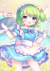  1girl :d alternate_costume apron blue_bow blue_dress blue_eyes blush bow cake coa_(chroo_x) commentary_request cowboy_shot daiyousei dessert dress fairy_wings falling_petals flower food gloves green_hair highres holding holding_tray indoors looking_at_viewer maid_headdress non-circular_lens_flare one_side_up open_mouth petals puffy_short_sleeves puffy_sleeves short_hair short_sleeves smile solo standing touhou tray waitress white_apron white_gloves window wings yellow_flower yellow_petals 