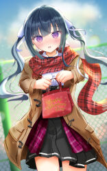  1girl adjusting_clothes bag black_hair black_skirt blunt_bangs blurry blurry_background blush brown_coat chain-link_fence coat cowboy_shot day dutch_angle eyes_visible_through_hair fence floating_hair fringe_trim hair_ribbon hands_up happy_valentine harukaze_inori heart heart_print high-waist_skirt highres holding holding_bag koibana_ren'ai long_hair long_sleeves looking_at_viewer mame4ba2525 open_clothes open_coat open_mouth outdoors plaid_clothes plaid_scarf pleated_skirt print_bag red_scarf ribbon scarf school_uniform shirt sidelocks skirt solo twintails valentine very_long_hair violet_eyes white_ribbon white_shirt winter winter_clothes 