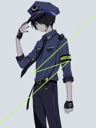  1boy armband belt black_belt black_gloves black_hair black_nails black_necktie black_pants blue_shirt breast_pocket closed_mouth clothing_cutout commentary fingerless_gloves glove_cutout gloves green_eyes grey_background hair_over_one_eye hand_up hat highres looking_at_viewer maco22 male_focus nail_polish necktie original pants peaked_cap pocket police police_uniform shirt shirt_tucked_in short_hair simple_background sleeves_rolled_up solo walkie-talkie wing_collar 