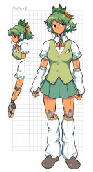  1girl android blush breasts brown_shoes character_name checkered_clothes closed_mouth collared_shirt commentary daikonet detached_sleeves dot_mouth english_commentary full_body green_hair green_skirt green_vest grid_background hair_ribbon headgear highres joints leaf_in_hair looking_to_the_side malta_(daikonet) medium_breasts multiple_views neck_ribbon orange_eyes orange_ribbon original ponytail ribbon robot_joints shirt shoes skin_seams skirt socks standing tan vest white_background white_shirt white_sleeves white_socks 