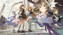  5girls bird black_shoes blue_eyes blue_shoes bonnet book braid braided_sidelocks brown_eyes brown_hair checkered_hairband commentary earrings eyewear_on_head green_eyes grey_socks hairband hand_in_pocket highres holding holding_book jewelry kneehighs luckyia mary_janes merel_(reverse:1999) ms._stranger_(reverse:1999) multiple_girls neckerchief orange_hair polka_dot_neckerchief regulus_(reverse:1999) reverse:1999 rhiannon_(reverse:1999) shoes sidelocks skirt socks sonetto_(reverse:1999) thigh-highs 