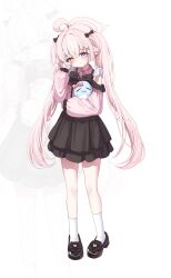  1girl :< absurdres ahoge alternate_costume black_bow black_bowtie black_skirt blue_archive blue_eyes blush bow bowtie commentary_request dlrkdals070707 hair_between_eyes hair_bow hair_ornament halo heterochromia high-waist_skirt highres holding holding_stuffed_toy hoshino_(blue_archive) jirai_kei korean_commentary long_hair looking_at_viewer pink_hair pink_halo pink_shirt shirt skirt solo stuffed_toy stuffed_whale tears twintails wiping_tears x_hair_ornament yellow_eyes zoom_layer 