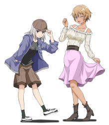  2girls alternate_costume black_shirt boots brave_witches breasts brown_hair collarbone dark-skinned_female dark_skin edytha_rossmann full_body grey_hair hat hiro_yoshinaka jacket medium_breasts multiple_girls one_eye_closed open_mouth red_eyes shirt shorts simple_background skirt smile standing sweater waltrud_krupinski white_background world_witches_series 