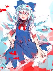  1girl blue_bow blue_dress blue_eyes blue_hair blush bow cirno collared_shirt commentary_request detached_wings dress hair_bow hand_on_own_hip highres ice ice_wings kuya_(hey36253625) looking_at_viewer medium_hair open_mouth pinafore_dress shirt sketch sleeveless sleeveless_dress smile solo touhou white_shirt wings 