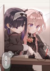  2girls black_bow black_bowtie blue_eyes blush bow bowtie chin_on_another's_shoulder commentary_request hair_bow headband highres holding holding_pen ichigomiya_hane_(raru_buran) juliet_sleeves kurosawa_junna_(raru_buran) long_hair long_sleeves multiple_girls open_mouth original pen pink_hair puffy_sleeves purple_hair raru_buran school_uniform sitting speech_bubble studying sweatdrop thought_bubble translation_request two_side_up white_headband yuri 