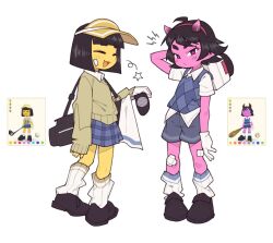  >:( >_< 2girls :< :/ bag bandaid bandaid_on_face bandaid_on_knee bandaid_on_leg baseball_bat black_bag black_hair black_shoes blue_shorts blue_skirt blue_sweater_vest bob_cut closed_eyes closed_mouth collared_shirt colored_skin commentary english_commentary fang fujimna full_body game_screenshot_inset gloves golf_bag golf_club hairband hand_on_weapon highres holding holding_baseball_bat holding_golf_club horns kneehighs looking_at_viewer medium_hair multiple_girls open_mouth pink_eyes pink_hairband pink_skin plaid_clothes plaid_skirt reference_inset screenshot_inset shirt shoes short_sleeves shorts shoulder_strap shout_lines single_glove skirt sleeves_past_wrists smile socks standing star_(symbol) super_battle_golf sweater sweater_vest untucked_shirt v-shaped_eyebrows v-shaped_eyes visor_cap white_background white_gloves white_shirt white_socks yellow_skin yellow_sweater yellow_visor_cap 