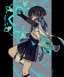  1boy absurdres armor belt black_belt black_border black_hair black_shorts blue_cape blue_halo blue_sash blue_sleeves blunt_ends body_markings border bridal_gauntlets cape clenched_hand clothing_cutout commentary eyeliner from_side furisode genshin_impact glowing_markings gold grey_background grey_bridal_gauntlets hair_intakes hakama hakama_shorts halo halo_behind_head hand_up highres hip_vent japanese_armor japanese_clothes kimono kote kurokote layered_sleeves leg_warmers looking_at_viewer makeup male_focus mandala parody pillarboxed pleated_shorts red_eyeliner sash scaramouche_(genshin_impact) short_sleeves shorts side_cape sleepysomnii solo style_parody tassel tsurime twitter_username violet_eyes wanderer_(genshin_impact) white_kimono white_leg_warmers white_sleeves wispy_bangs wolf_cut 