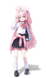  1girl absurdres ahoge alternate_costume bag black_skirt blue_archive blue_eyes blue_scrunchie blush bow bowtie clothes_around_waist commentary_request dlrkdals070707 fang full_body gyaru hair_between_eyes hair_intakes halo hand_up heterochromia highres hoshino_(blue_archive) jacket jacket_around_waist korean_commentary long_hair long_sleeves looking_at_viewer loose_socks one_side_up open_mouth pink_bow pink_bowtie pink_hair pink_halo pink_jacket pleated_skirt school_bag scrunchie shirt shirt_tucked_in simple_background skin_fang skirt smile socks solo standing v white_background white_shirt wrist_scrunchie yellow_eyes 