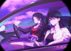  2girls bang_dream! bang_dream!_it's_mygo!!!!! black_choker black_hair black_jacket black_shirt cellphone choker commentary dated driving grey_skirt holding holding_phone jacket long_hair mole mole_under_eye multiple_girls oulej79 phone red_shirt shiina_taki shirt skirt smartphone untranslatable_commentary violet_eyes white_jacket yahata_umiri 