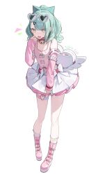  1girl absurdres aqua_hair aria_(zenless_zone_zero) backpack bag bell boots bow bow_choker character_print chinese_commentary choker commentary_request detached_sleeves eyewear_on_head full_body green_eyes hair_ornament heart heart-shaped_bag heart-shaped_eyewear heart_hair_ornament heart_o-ring highres jingle_bell kuuki_zzz layered_skirt medium_hair nangong_yu neck_bell o-ring o-ring_thigh_strap open_mouth pink_boots pink_choker pink_pupils pink_tank_top red_bow simple_background skirt solo sunglasses sunna_(zenless_zone_zero) tank_top tears thigh_strap white_background white_skirt zenless_zone_zero 
