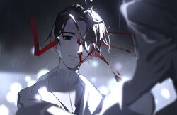  2boys alien_stage black_eyes black_hair blood blood_spray coat commentary death fang highres ivan_(alien_stage) male_focus meyimai multiple_boys parted_lips short_hair till_(alien_stage) very_short_hair white_coat 
