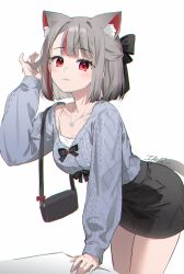  :3 absurdres animal_ear_fluff animal_ears aran_sweater bag black_bag black_bow black_skirt blue_sweater blurry bow cable_knit camisole cat_ears cat_girl cat_tail closed_mouth colored_inner_animal_ears commentary_request cowboy_shot extra_ears grey_hair hair_bow half_updo hand_in_own_hair hand_up handbag highres ika_(4801055) jewelry korean_commentary leaning_forward long_sleeves looking_at_viewer low_neckline miniskirt multicolored_hair necklace neneko_mashiro pencil_skirt red_eyes red_streaks short_hair signature simple_background skirt smile spaghetti_strap standing stellive streaked_hair sweater tail white_background white_camisole 