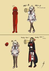  >_< 1other 2girls ahoge annoyed beamed_eighth_notes belt black_boots black_coat black_shorts black_thighhighs blonde_hair boots breasts brown_sailor_collar chest_harness closed_eyes coat commentary_request covering_own_ears cropped_sweater digitalrensyu dress eighth_note eyewear_on_head face_red_droopy_eyes_emote_(youtube) frilled_jacket frills gloves goggles goggles_on_head hair_ornament hairband hammer harness highres holding holding_megaphone hololive hololive_dev_is hololive_indonesia jacket kaela_kovalskia kaela_kovalskia_(4th_costume) lace-up_boots leather_belt loafers long_hair megaphone midriff multiple_girls musical_note musical_note_hair_ornament navel o-ring o-ring_thigh_strap one_side_up otonose_kanade otonose_kanade_(1st_costume) piano_keys piano_print plaid_clothes plaid_dress pouch red_eyes red_gloves red_ribbon ribbed_sweater ribbon sailor_collar shoes short_hair shorts simple_background single_glove smirk sweater thigh-highs thigh_pouch thigh_strap very_long_hair virtual_youtuber yellow_background zettai_ryouiki 