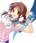  arms_up bad_id brown_eyes brown_hair face hair_ornament hairclip original pairan pocari_sweat ponytail sweat teeth twintails water water_bottle 