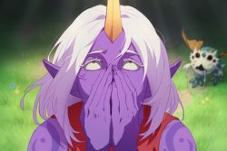  1girl anger_vein bare_shoulders blurry blurry_background colored_skin covering_own_mouth depth_of_field drooling flower grass hand_over_own_mouth highres higuruma_stressed_out_(meme) horns kog'maw_(league) league_of_legends meme pointy_ears purple_skin ricefarmer272 saliva single_horn solo_focus soraka_(league) tattoo white_hair yellow_eyes 