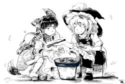  3girls apron bow braid chopsticks commentary cooking falling_leaves fanning frown geta greyscale grilling hair_bow hair_tubes hakurei_reimu hat hat_bow heart hibachi_(object) highres holding holding_chopsticks holding_plate kirisame_marisa kokechankokko komano_aunn leaf monochrome multiple_girls plate shirt shoes short_sleeves shorts single_braided_sidelock sitting sketch skirt smile touhou untranslatable_commentary vest white_background witch_hat 