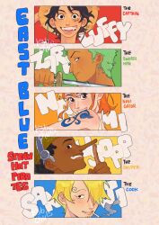  1girl 4boys bare_shoulders black_hair blonde_hair character_name cigarette dark-skinned_male dark_skin earrings english_commentary green_hair hat highres holding holding_sword holding_weapon jewelry katana keb_(k3bchu) long_nose looking_at_viewer monkey_d._luffy multiple_boys nami_(one_piece) one_piece open_mouth orange_hair roronoa_zoro sanji_(one_piece) scar scar_on_cheek scar_on_face scar_on_shoulder shoulder_tattoo straw_hat straw_hat_pirates sword tattoo upper_body usopp weapon 